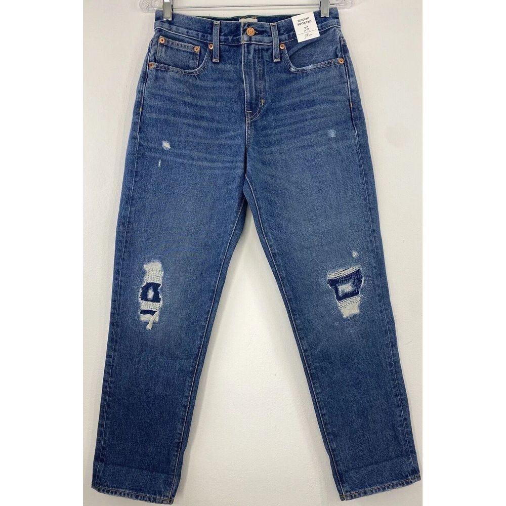 J Crew NWT Denim Slouchy Boyfriend Jeans‎ Sz 25 Patchwork Distressed Blue